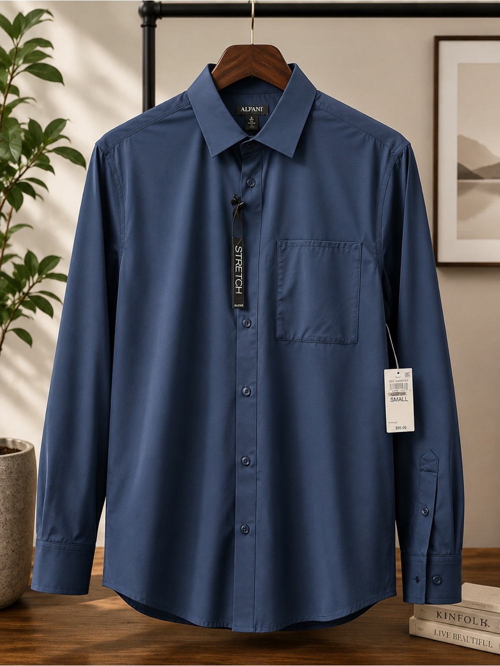 Alfani Men's Deep Blue Stretch Button-Up Dress Shirt